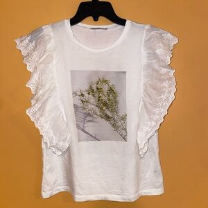 Zara White Floral Photograph Eyelit Lace Detail Tank Top Sm